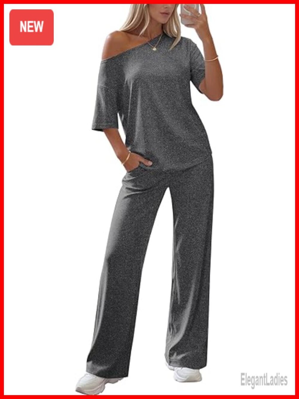 Women's Off Shoulder Lounge Set 2 Piece Soft Short Sleeve Top & Long Pants